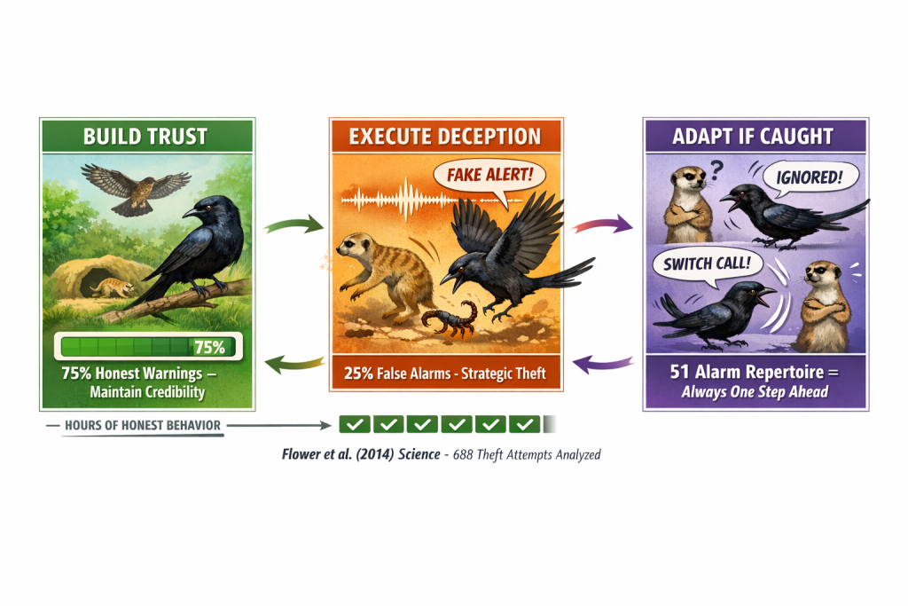Diagram tiga tahap penipuan taktis Drongo: membangun kepercayaan 75 persen 
alarm jujur, eksekusi tipu daya 25 persen alarm palsu, adaptasi dengan 51 jenis 
suara berbeda jika tertangkap menurut Flower 688 percobaan Kalahari 2014