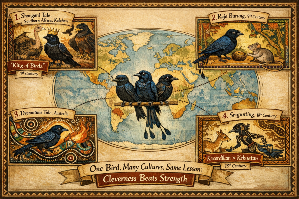 Peta folklore dunia menunjukkan Drongo dalam cerita rakyat Afrika Shangani 
sebagai Raja Burung, India Meghalaya legenda ekor panjang, Australia Aboriginal 
Dreamtime pencuri api, Indonesia Nusantara Srigunting serupa Si Kancil kecerdikan
