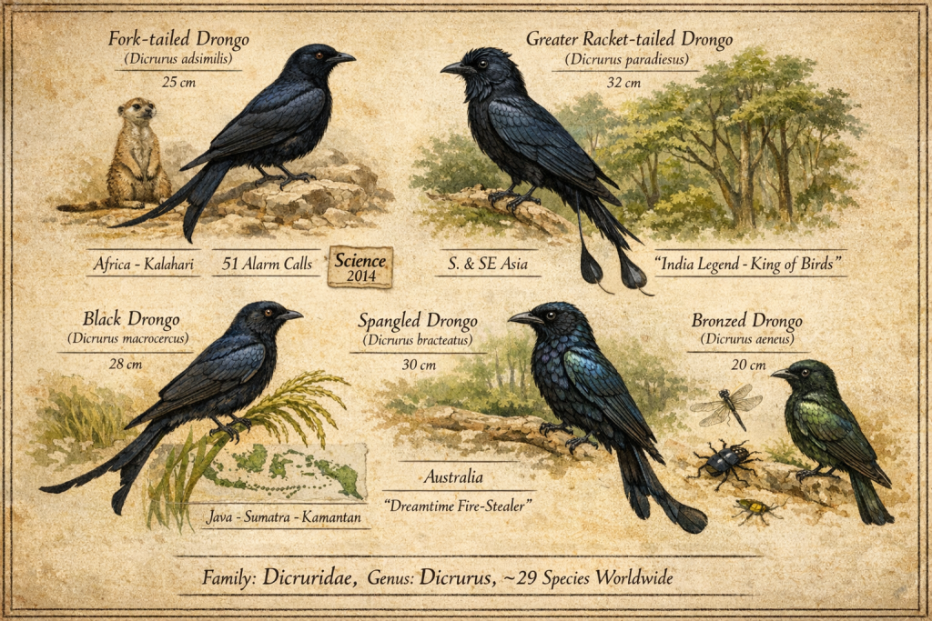 Perbandingan lima spesies Drongo: Fork-tailed Afrika 51 alarm, Greater Racket-
tailed India raja burung, Black Drongo Indonesia Srigunting Jawa Sumatra, 
Spangled Australia Dreamtime, Bronzed Asia Tenggara dengan konteks folklore 
masing-masing Family Dicruridae