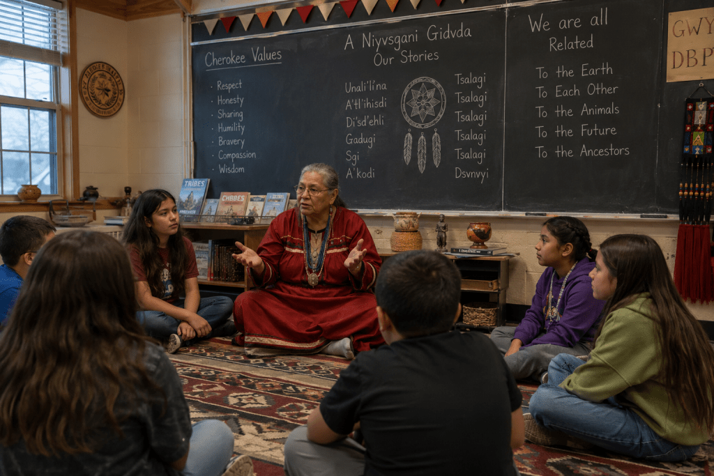 Anak-anak belajar budaya Cherokee.