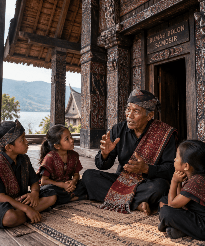 Legenda Danau Toba, Asal-usul Ikan Ajaib dari Sumatera 1 Petani Toba bertemu putri jelmaan ikan mas bercahaya di tepi perairan Danau Toba berlatar bukit Samosir.