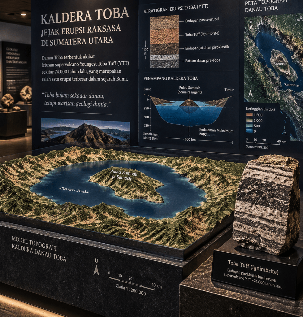 Legenda Danau Toba, Asal-usul Ikan Ajaib dari Sumatera 3 Plakat perunggu UNESCO Global Geopark Kaldera Toba dengan latar panorama danau kaldera raksasa.