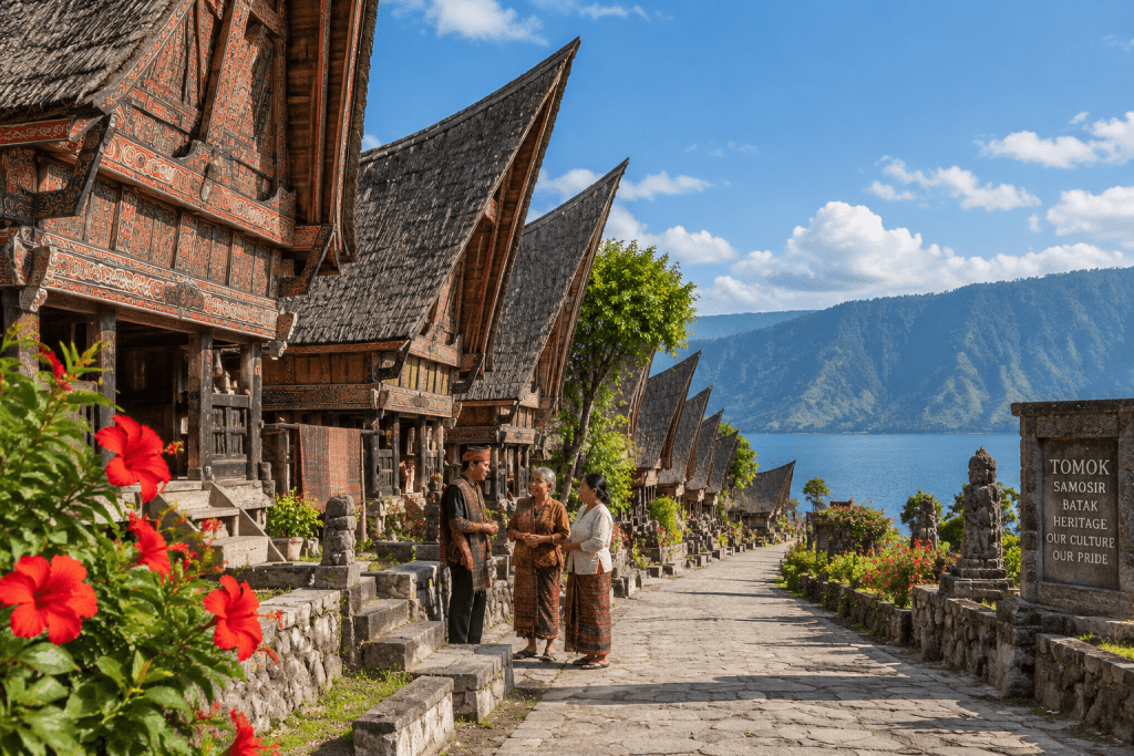 Legenda Danau Toba, Asal-usul Ikan Ajaib dari Sumatera 8 Timbangan keadilan di samping kain ulos Batak sebagai simbol filosofi pentingnya menepati janji dalam legenda Danau Toba.