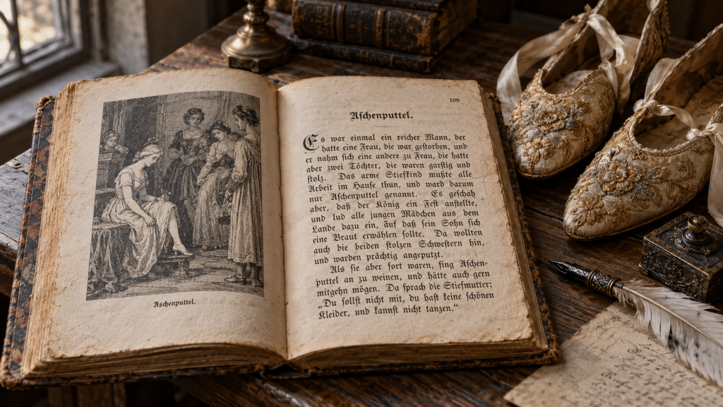 Buku dongeng asli Brothers Grimm Kinder- und Hausmärchen tahun 1812 memuat kisah Aschenputtel dengan sepatu emas.