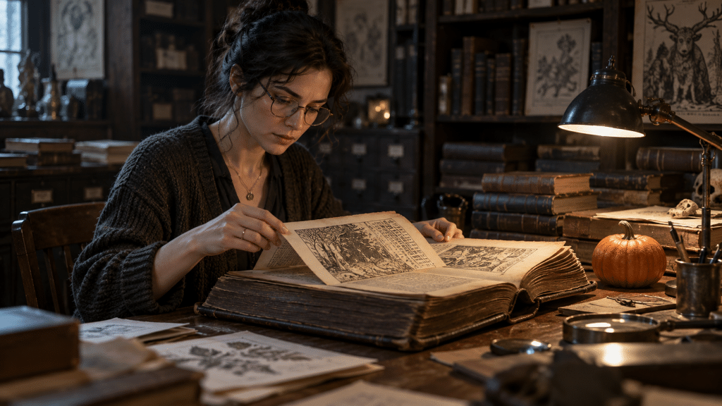 Seorang peneliti folklor membaca buku catatan kuno tentang mitologi Eropa di perpustakaan yang remang-remang.