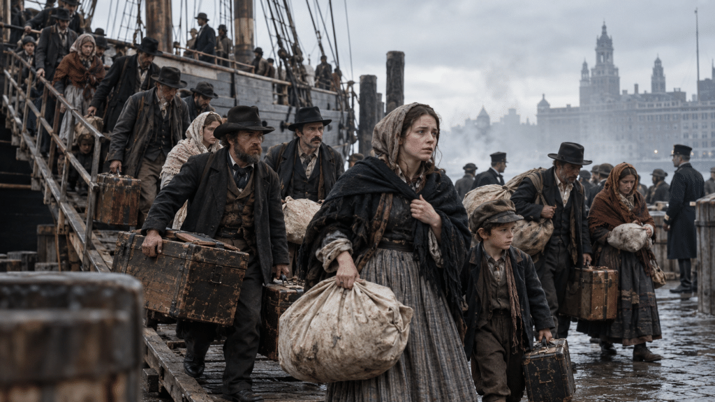 Sebuah foto reka ulang historis atau arsip yang menunjukkan para imigran Irlandia tiba di pelabuhan Amerika pada abad ke-19.