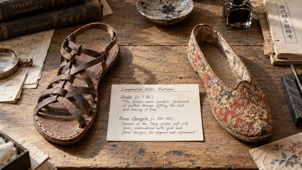 Komposisi studi perbandingan visual antara sandal kulit Rhodopis dan sepatu sulam emas Ye Xian di atas meja kurator.