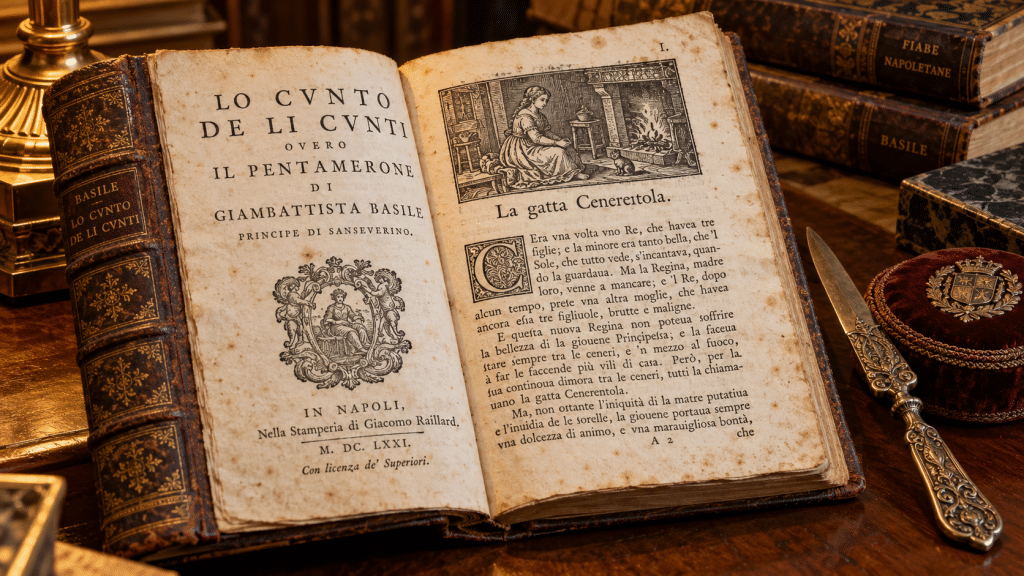 Sampul dan naskah kuno buku dongeng Il Pentamerone karya Giambattista Basile tahun 1634 yang memuat kisah Cenerentola.