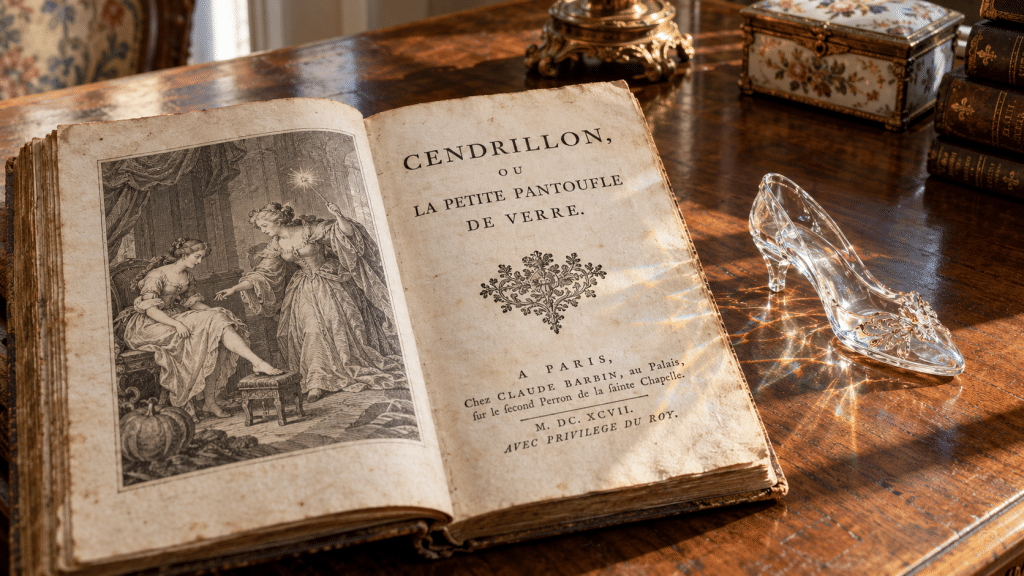 Edisi cetak pertama buku kumpulan dongeng Charles Perrault tahun 1697 yang pertama kali memperkenalkan istilah sepatu kaca.