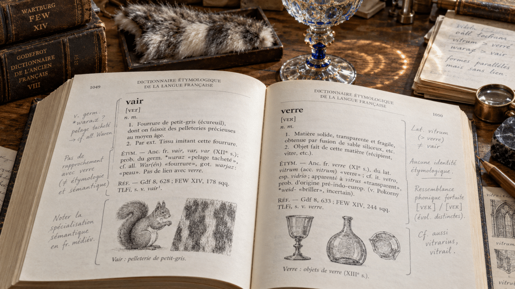 Dokumen analisis linguistik Prancis membedah teori etimologi kata vair bulu tupai versus verre kaca dalam dongeng Perrault.